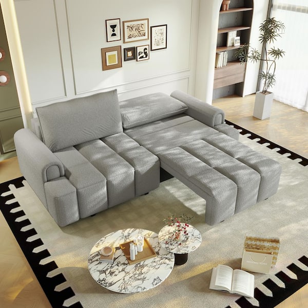 90.2 in W Rolled Arm Teddy Fabric Rectangle Sofa in Light Gray with Hidden Storage, Convertible King Sleeper Sofa Bed
