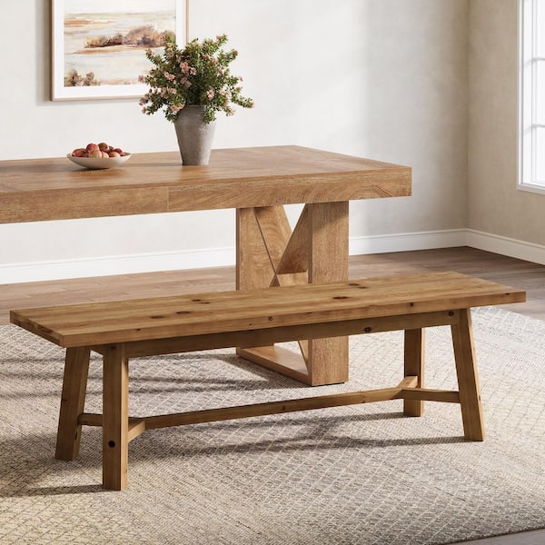 55 in. Brown Solid Wood Dining Bench, Farmhouse Indoor Bench for Dining Room, Entryway