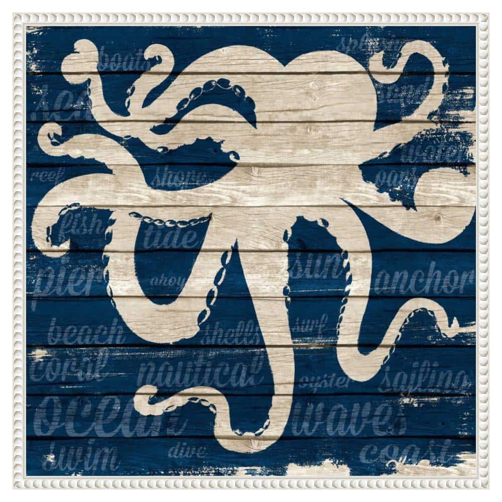 22"x22" Coastal Nautical Octopus Canvas Wall Art in Blue and Beige
