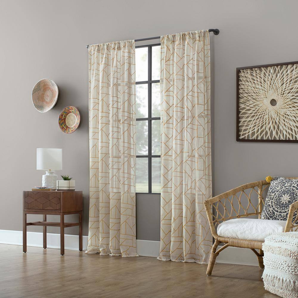 Gold and Linen Light-Filtering Geometric Rod Pocket Curtain Panel