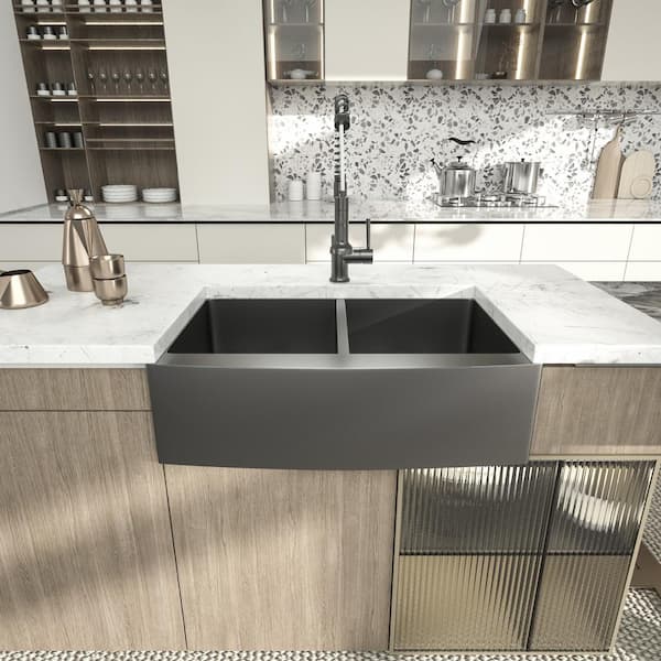 33 x 21 In. Gunmetal Black Farmhouse/Apron-Front Kitchen Sink Double Bowl 50/50 16-Guage Stainless Steel Sink