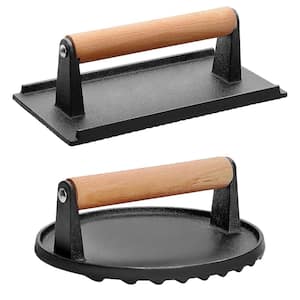 Cast Iron Grill Press 2-Piece with Wood Handle 7in. Round and 8.2 x 4.25 in. Rectangular Grill Press (2-Pack)