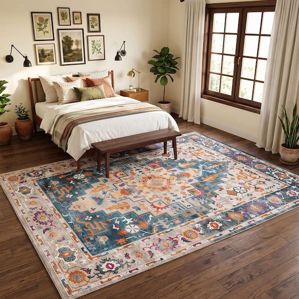 8 ft. x 10 ft. Blue Vintage Persian Washable, Traditional Oriental Indoor Carpet with Non-Slip Backing Area Rug