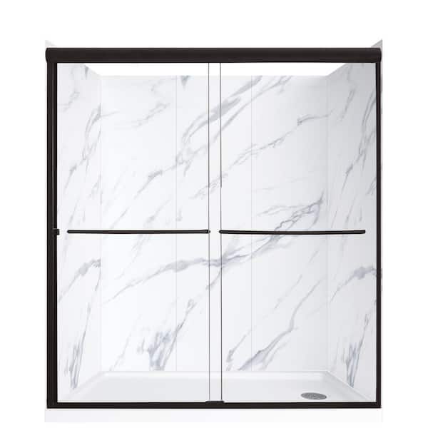 CRAFT + MAIN Cove Sliding 60 in. L x 30 in. W x 78 in. H Right Drain Alcove Shower Door Kit in Carrara and Matte Black Hardware