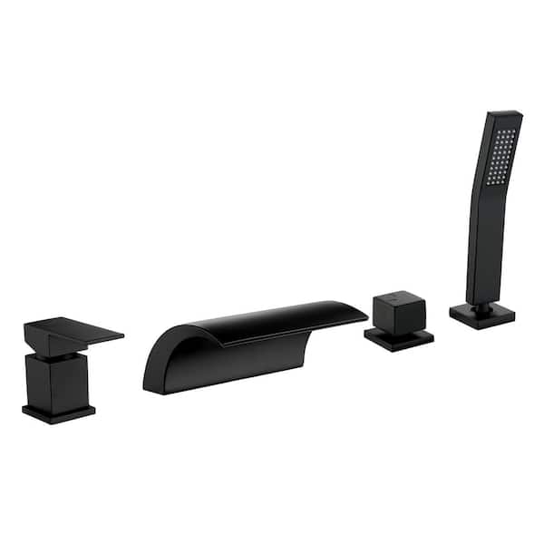 Boyel Living 2-Handle Tub Mount Roman Tub Faucet with Water Supply Lines and Hand Shower in Matte Black