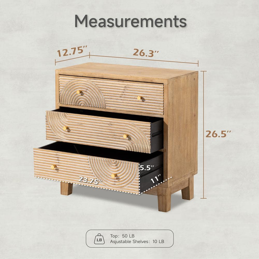 Natural Wood 3-Drawer Farmhouse Dresser with Handicraft Motif