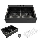 Nuova Black Fireclay 34 in. Double Bowl Drop-In Apron Front Kitchen Sink with Protective Grids and Strainers