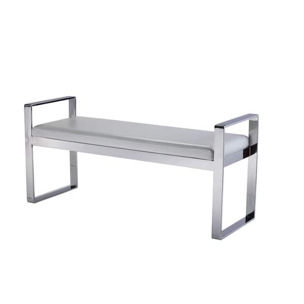 Pasargad Home Luxe White Bench with Faux Leather and Stainless Steel Frame (47.24 in. W x 15.7 in. L x 21.6 in. H)