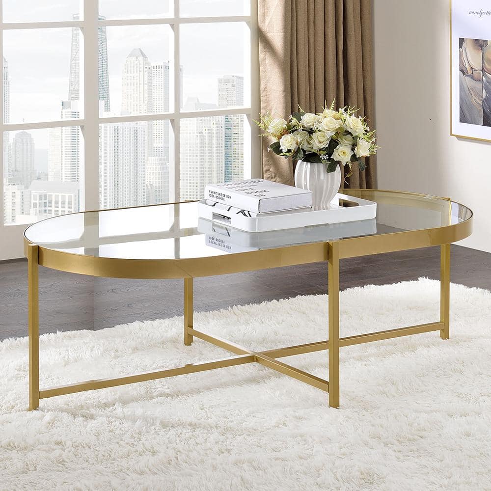 Elegant Oval Tempered Glass Outdoor Coffee Table with Gold Metal Base
