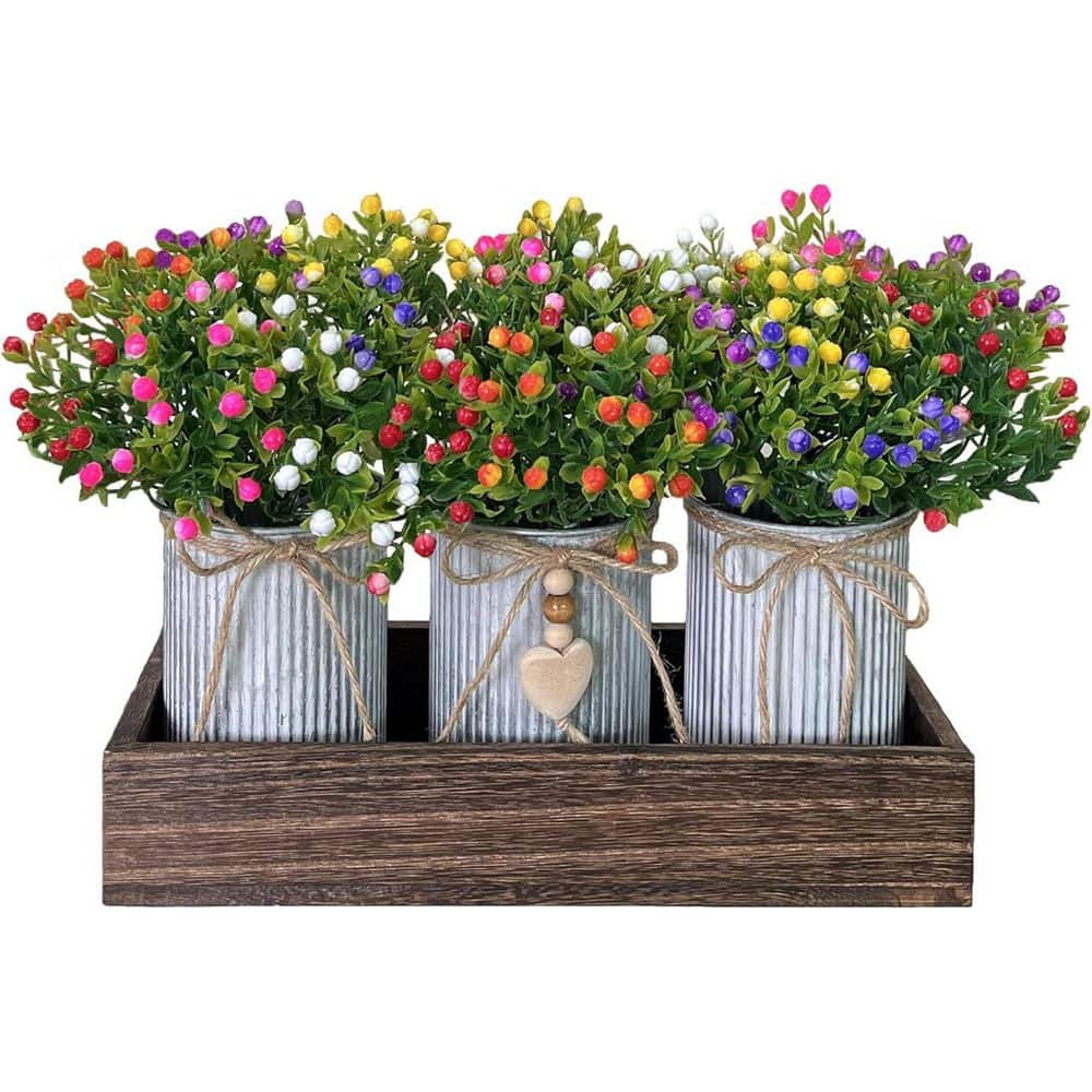 7.9 in. Green Indoor Artificial Flower Set with 3 Fake Milan Bouquet and Wo