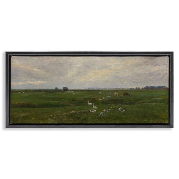 Grazing Ducks & Horses by Grace Popp Black Floater Frame Nature Graphic Art Print 11 in. x 25 in.