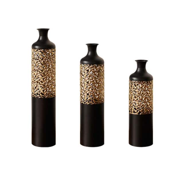 28.7in/24.8in/20.8in Black+Gold metal Decorative Vase,3piece set Shatterproof Durable gorgeous special Imprinted pattern