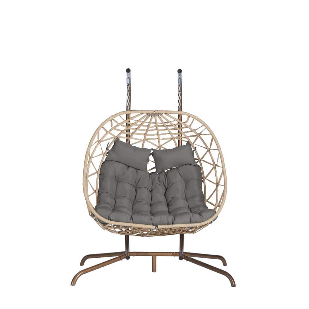 Hanging Outdoor Double Light Yellow Wicker Rattan Porch Swing Egg Chair wit