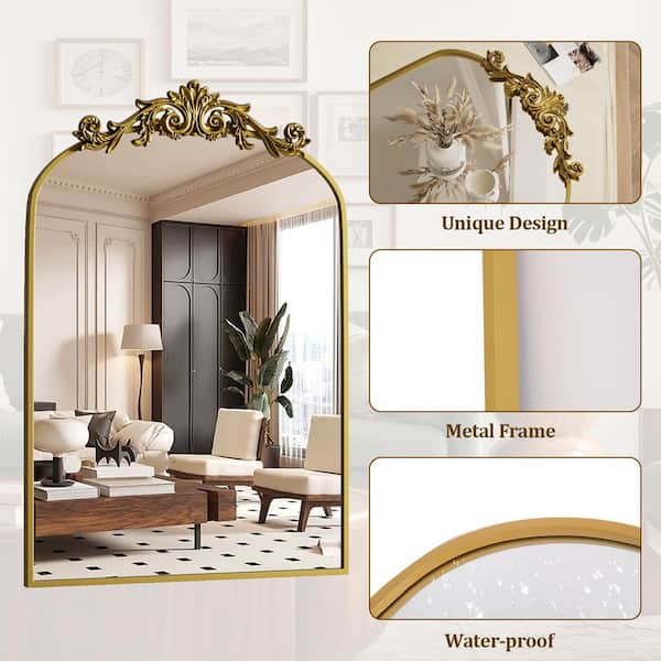 24 in. W x 36 in. H Modern Arched Gold Metal Framed with Carved Decoration Vanity Wall Mirror