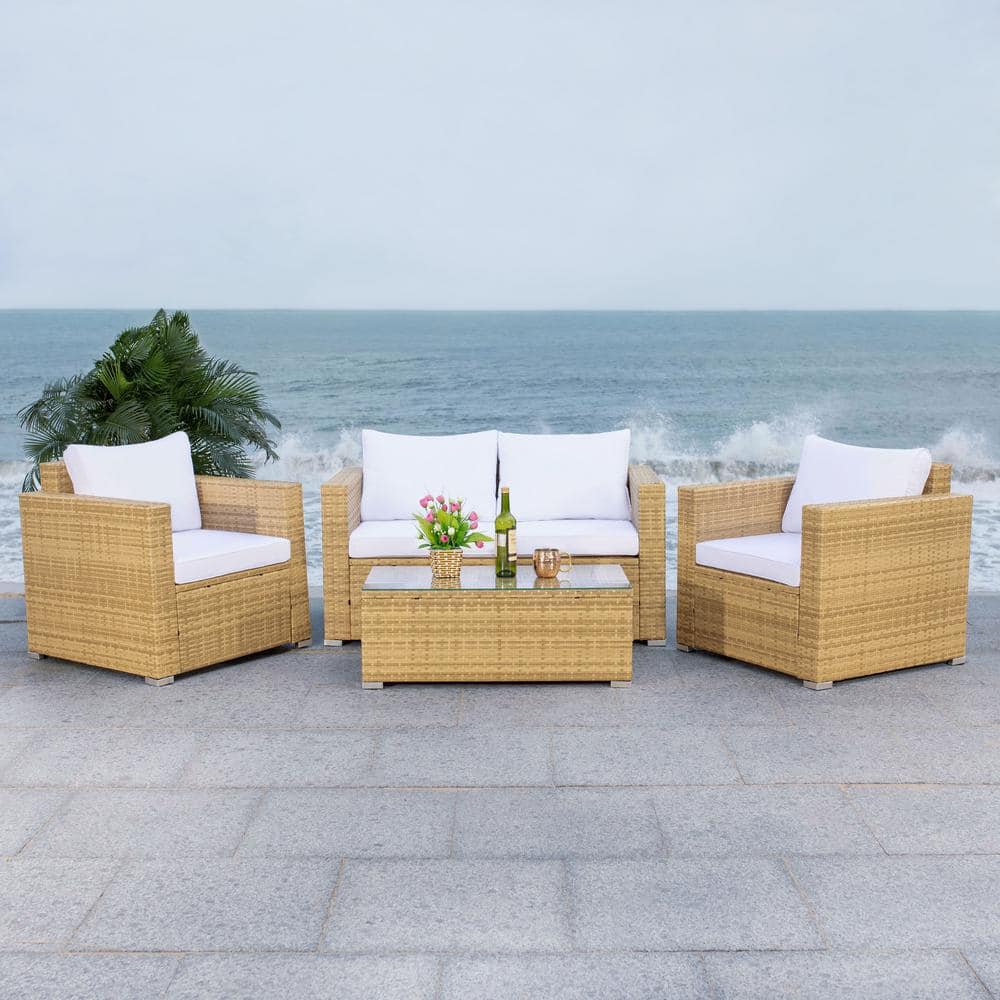 Natural Wicker and White Cushions 4-Piece Patio Set