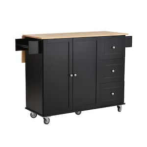 Black Kitchen Island Cart with 3 Drawers and Storage Cabinet, Drop Leaf Breakfast Bar，Spice Rack