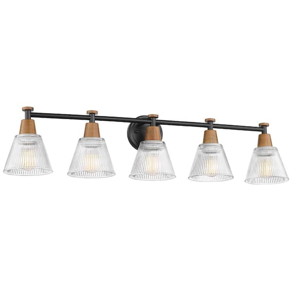 JAZAVA 37.4 in. 5-Light Black Vanity Light with Fluted Ripple Glass Shade Bathroom Lights Over Mirror for Kitchen