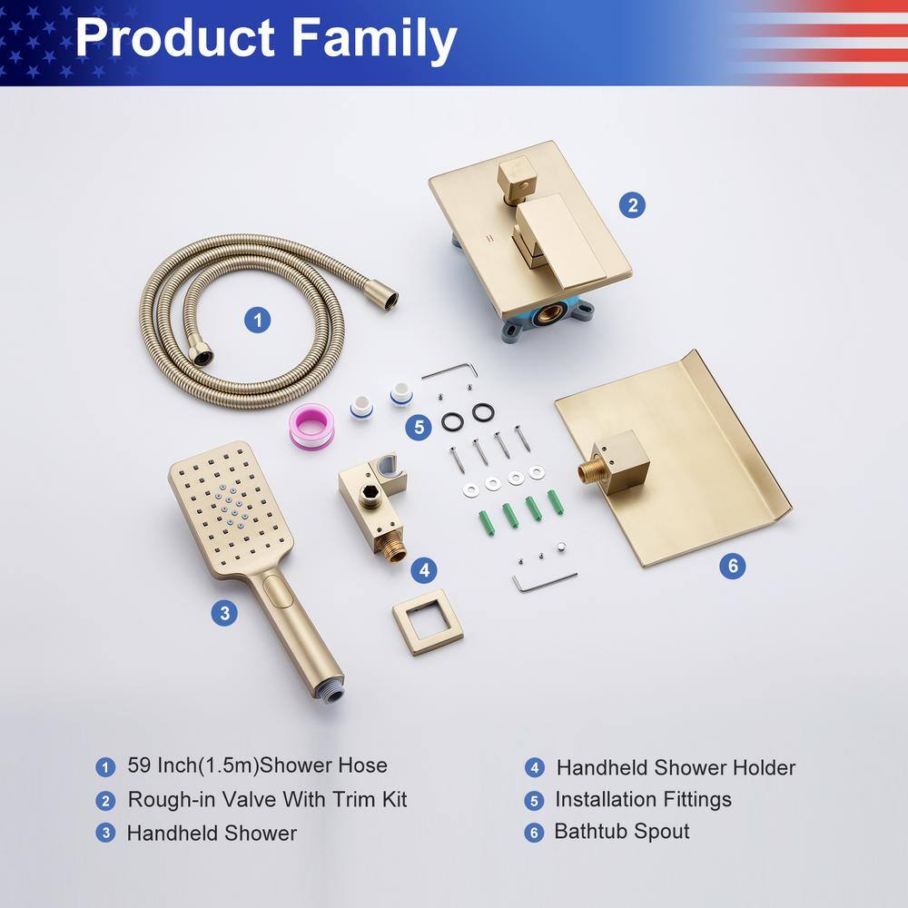 Brushed Gold Wall Mount Waterfall Tub Faucet with Hand Shower