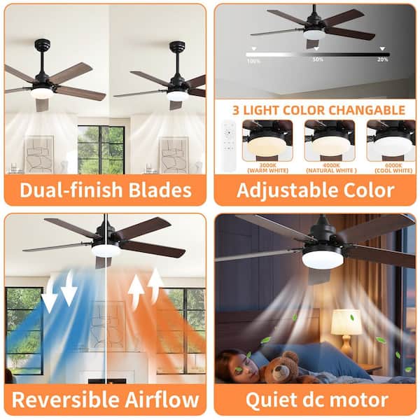 42 in. Modern Ceiling Fan with LED Light and 5 Blades Included, Remote, Reversible DC Motor in Black, Ideal for Bedroom
