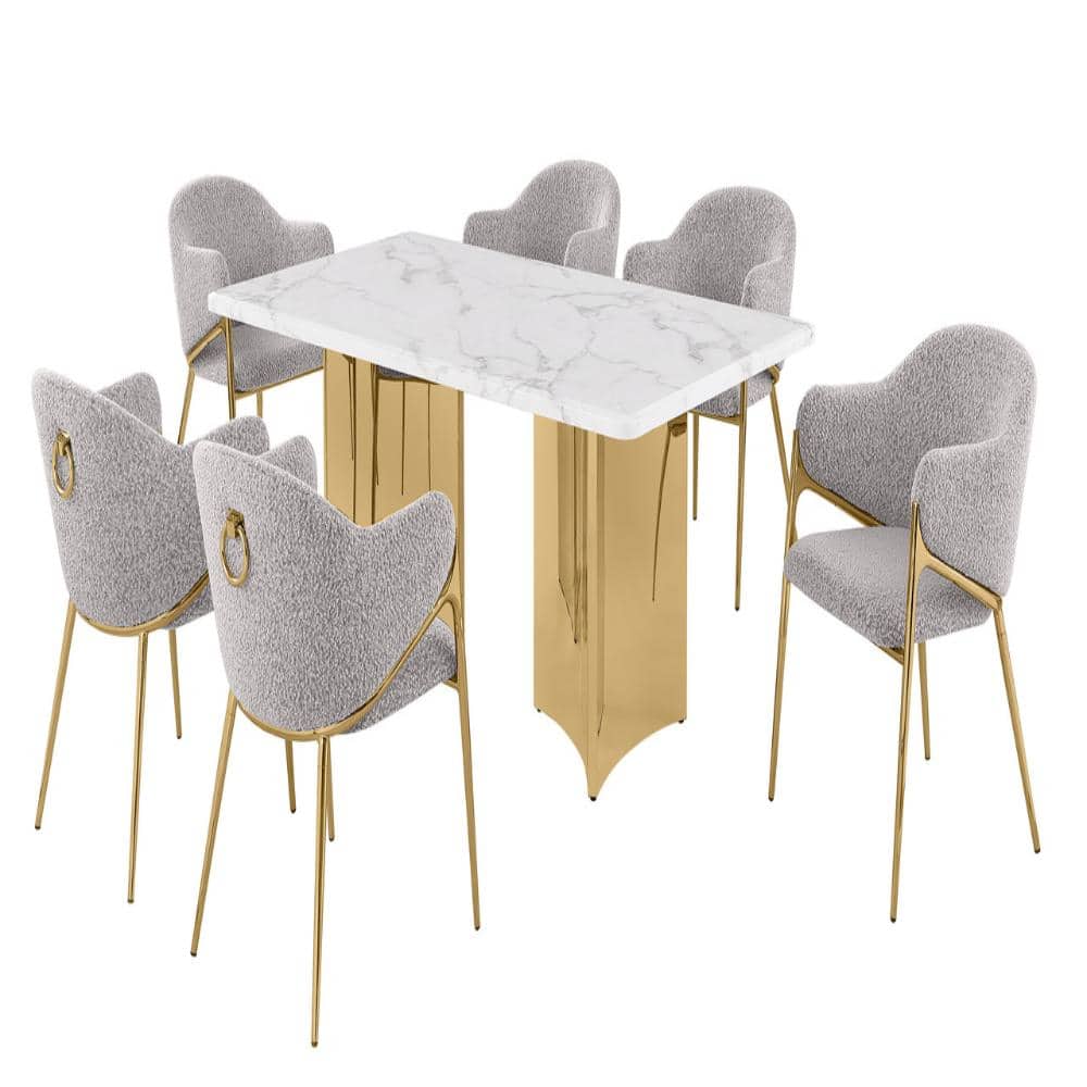 Elise 7-Piece Rectangle White Marble Top Gold Stainless Steel Base Dining Set With 6 Rich Grey Chairs price history on PriceWatchPro