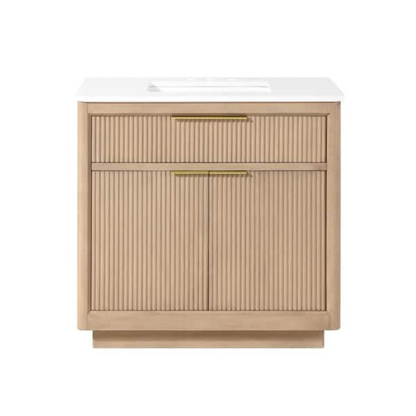 Xander 36 in., Single Sink Freestanding Sahara Birch Bath Vanity with White Engineered Stone Top