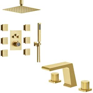 7-Spray Ceiling Mount Dual and Handheld Shower Head and 8 in. Widespread Basin Faucet 1.8-GPM in Brushed Gold (2-Pack)