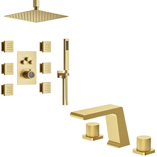 YAWWALK 7-Spray Ceiling Mount Dual Fixed and Handheld Shower Head and 8 in. Widespread Basin Faucet 1.8 GPM in Brushed Gold