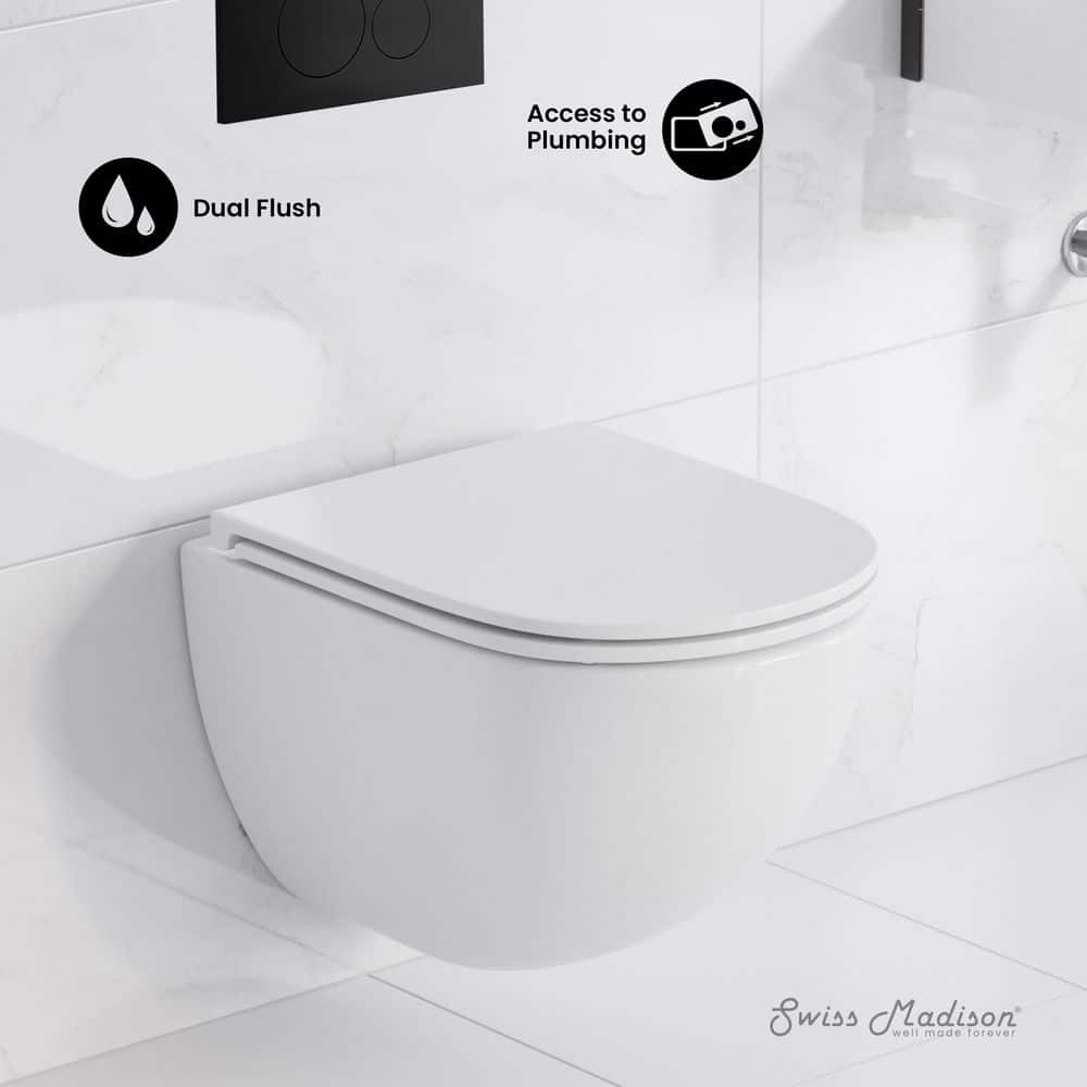 Glossy White Wall Mounted Round Dual Flush Toilet with Black Flush Plate