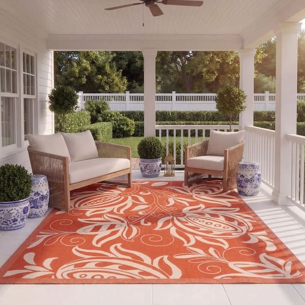 Courtyard Terracotta/Natural 8 ft. x 11 ft. Border Indoor/Outdoor Patio  Area Rug