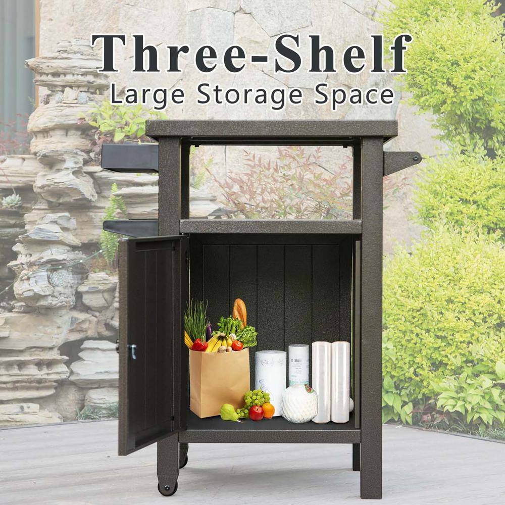 Brown Metal Outdoor Grill Cart with Storage and Wheels
