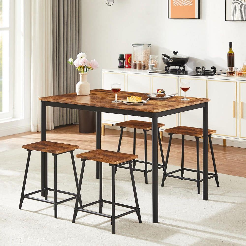 5-Piece Small Dining Table Set with Stools for 4, Industrial Kitchen Table and Chairs Set for Apartments-Brown