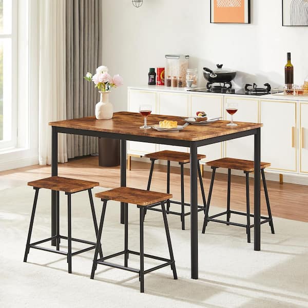 VECELO 5-Piece Small Dining Table Set with Stools for 4, Industrial Kitchen Table and Chairs Set for Apartments-Brown MDF Top