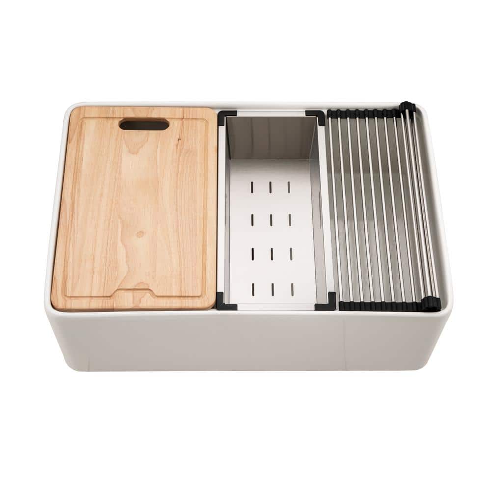 Aspire 30" White Fireclay Farmhouse Workstation Sink with Accessories