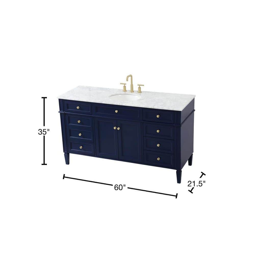 Blue Solid Wood MDF Marble Single Bathroom Vanity with Brushed Gold Hardware