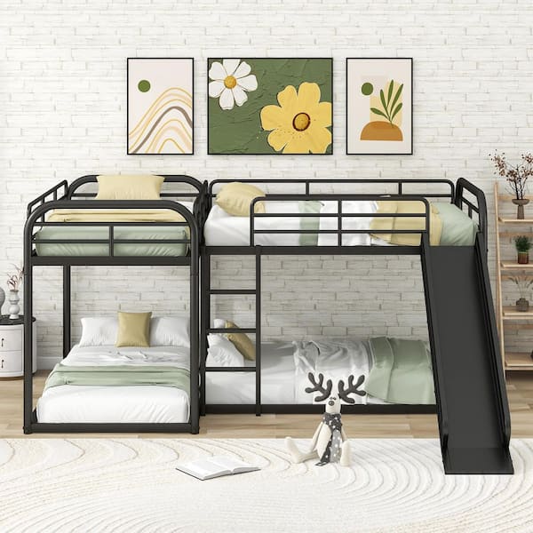 Black Full and Twin L-Shaped Bunk Bed with Slide and Short Ladder
