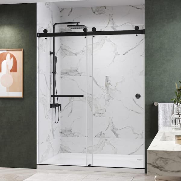 Kobiworks Catalyst FP 48 in. W x 76 in. H Double Sliding Frameless Shower Door in Matte Black with 3/8 in. Clear Glass