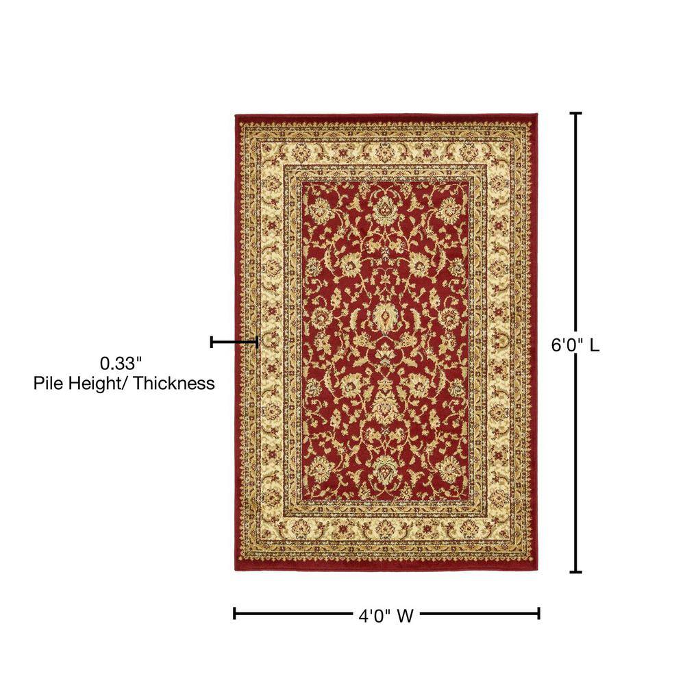 Red and Gold Rectangular Floral Synthetic Area Rug 4' x 6'