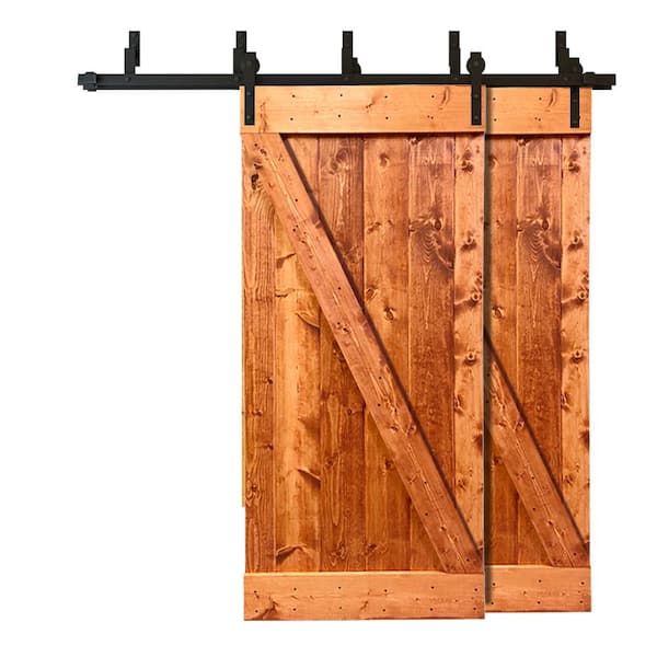 CALHOME 76 in. x 84 in. Z Bar Bypass Red Walnut Stained Solid Pine Wood Interior Double Sliding Barn Door with Hardware Kit