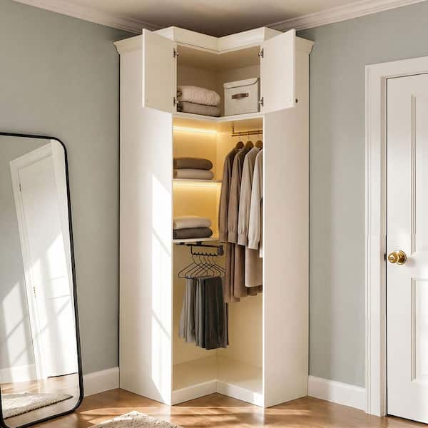Cream Wood 39.4 in. Corner Armoire with Top Cabinet Doors, Hanging Rod, Open Shelves and Top Storage