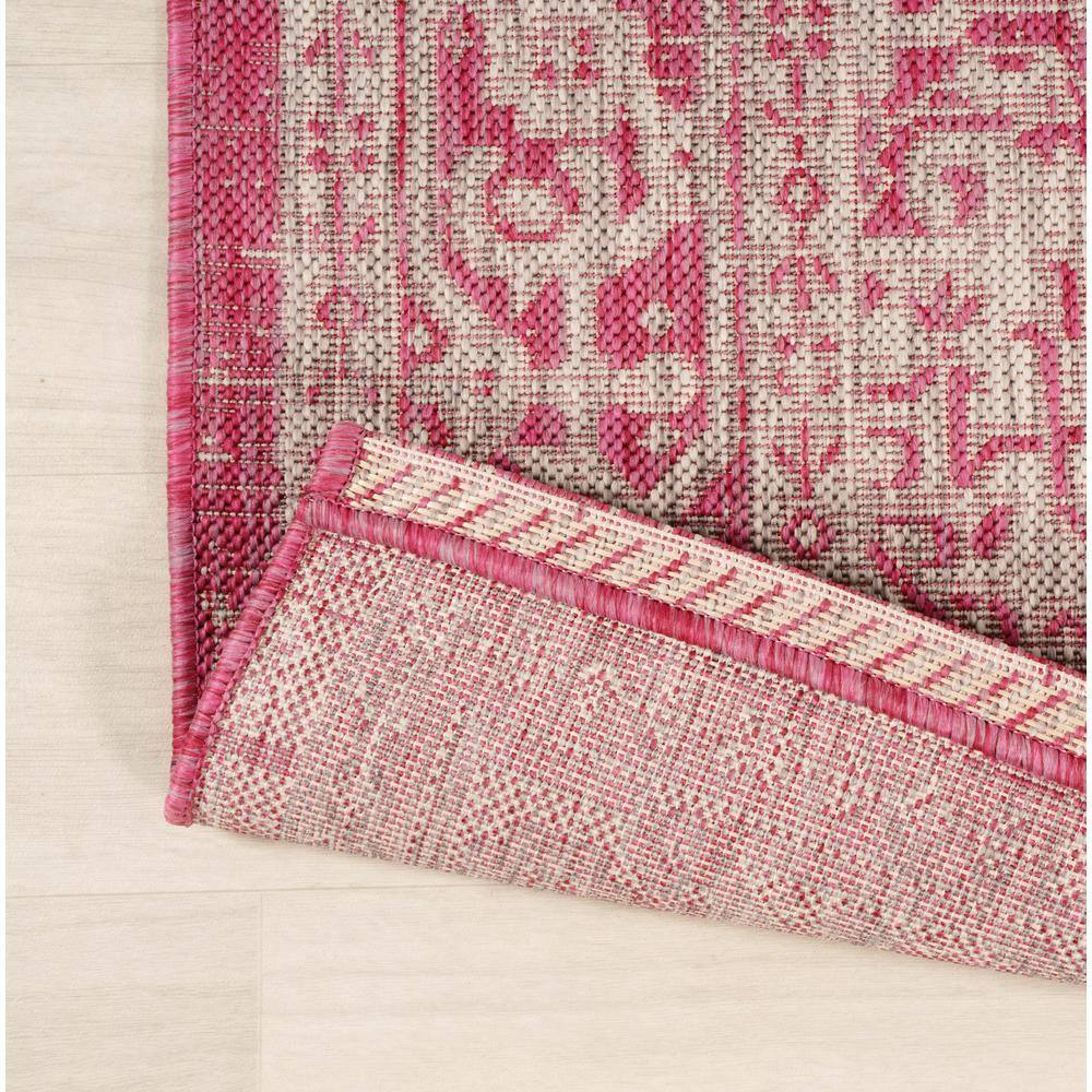 Fuchsia and Light Gray Medallion Square Outdoor Rug - 5' Synthetic