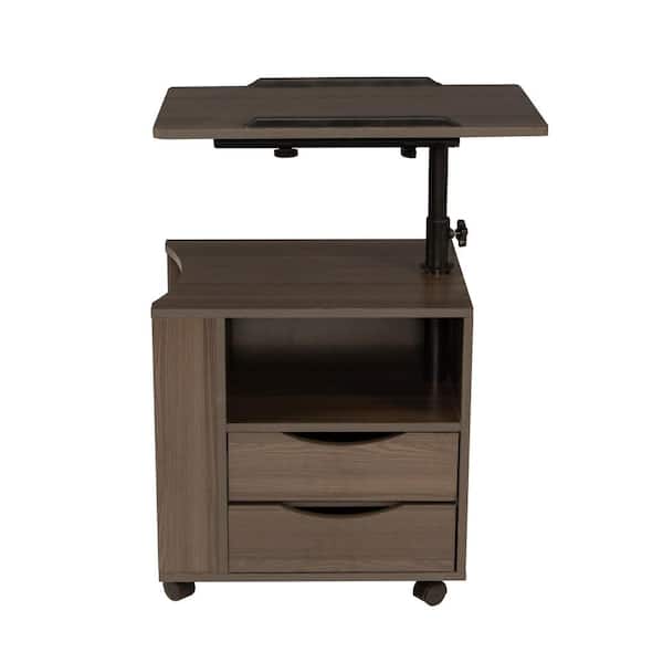 sumyeg Freestanding Wooden Swivel Top Nightstand Cabinet End Table with 2-Drawers and Open Shelves (Black oak)