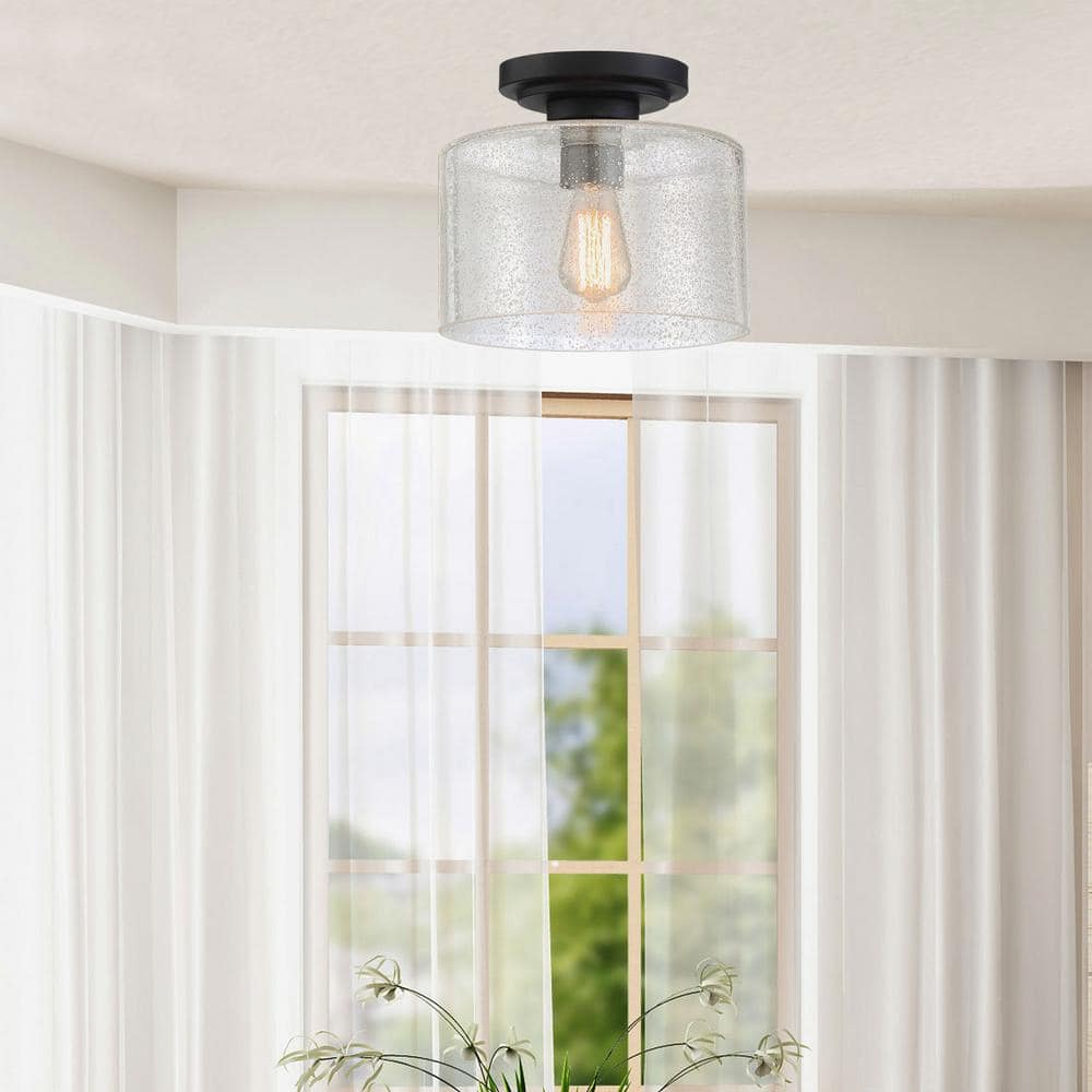 Logan 10'' Matte Black Semi-Flush Mount with Clear Seedy Glass