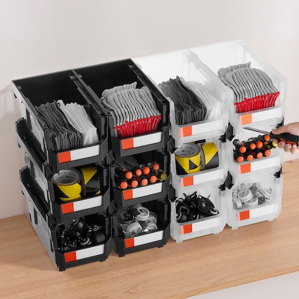 Plastic Stackable Storage Bins, 14.8 x 8.5 x 7.1 in. (12 Pack), for Garage, Small Parts, Office, Black and Transparent