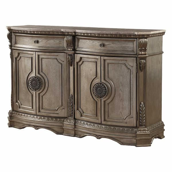 HomeRoots Charlie Antique Champagne Marble 68 in. Sideboard with Drawers