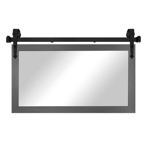 (46 in. W x 33 in. H) Dark Silver Modern Rustic Mirror with Steel Barn Door Rail