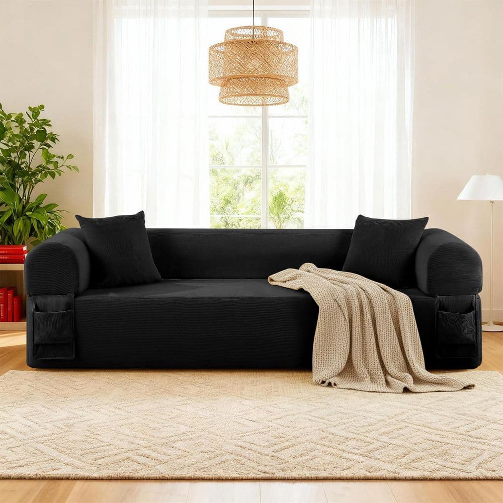 Seafuloy 82.5 in. Black Corduroy Round Arm Rectangle Floor Sofa Couch with Foam and Pocket Spring Support and Pillows