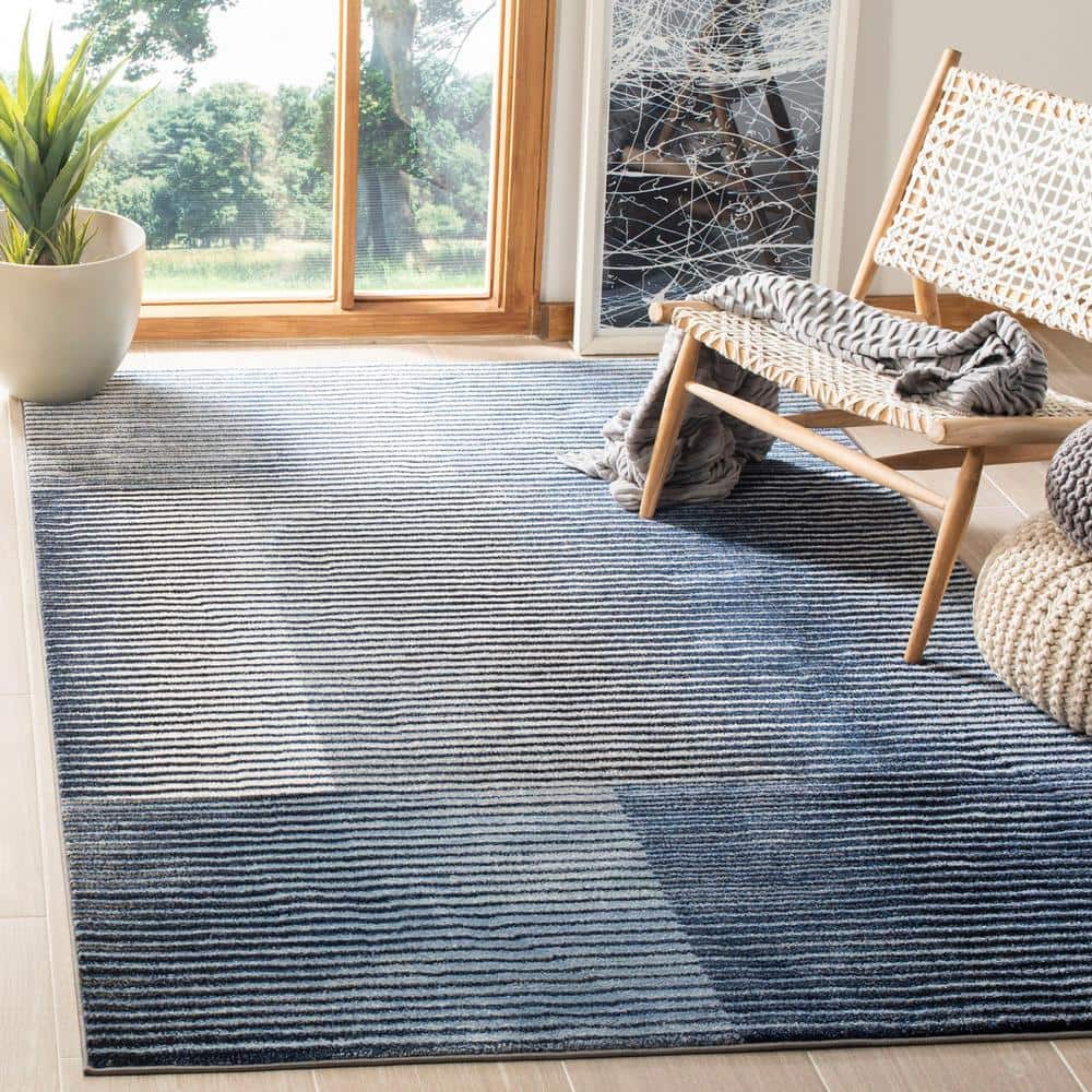 Square Blue Stripe Hand-knotted Synthetic Area Rug