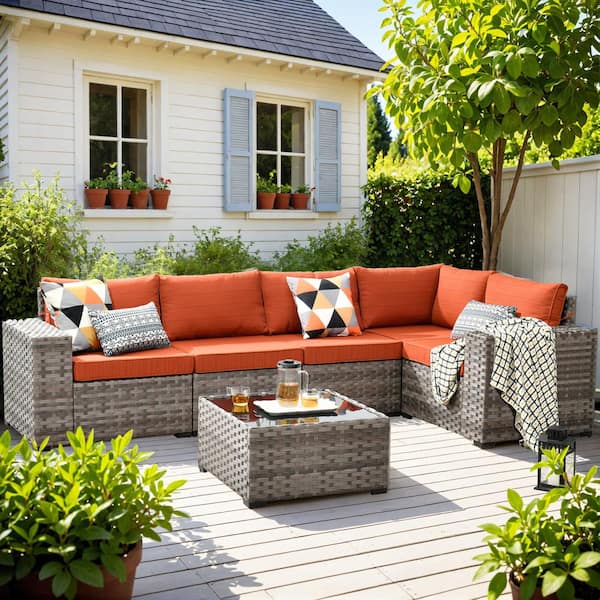 XIZZI Beatrice 6-Piece Wicker Outdoor Sectional Set with Orange Red Cushions