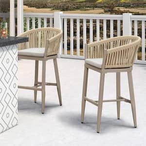 Modern Aluminum PE Rattan Bar Height Outdoor Bar Stool with Back and Beige Cushion (2-Pack)