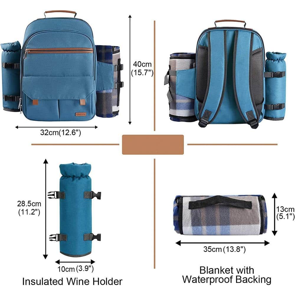 Light Blue 4-Person Picnic Backpack with Blanket and Insulated Cooler